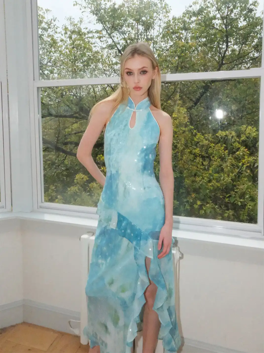 CAPPOW | Mint Sequin Ruffled Cheongsam