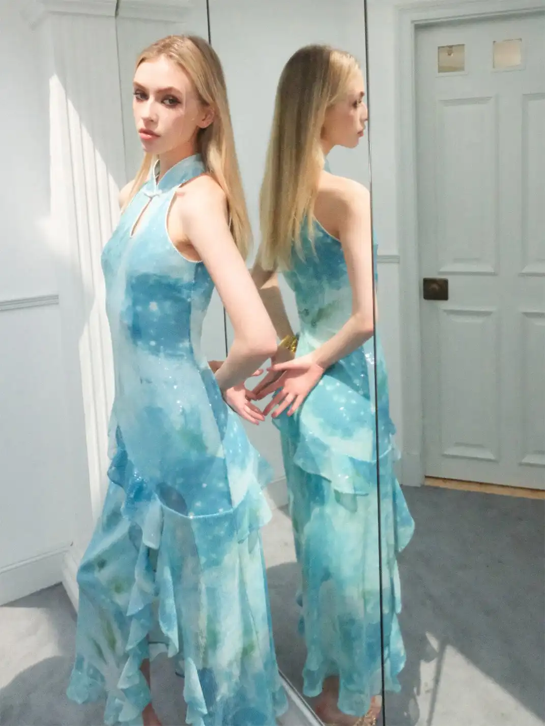 CAPPOW | Mint Sequin Ruffled Cheongsam