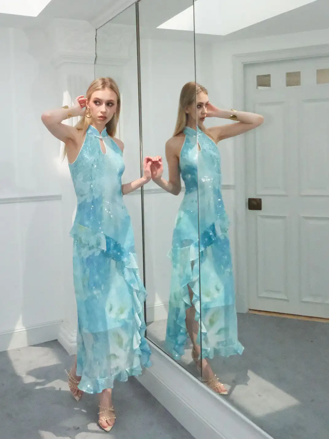 CAPPOW | Mint Sequin Ruffled Cheongsam