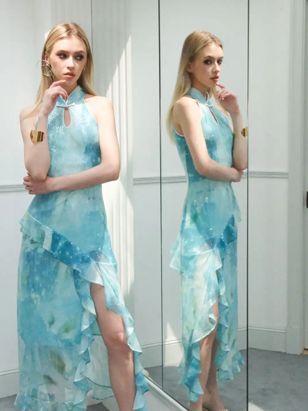 CAPPOW | Mint Sequin Ruffled Cheongsam