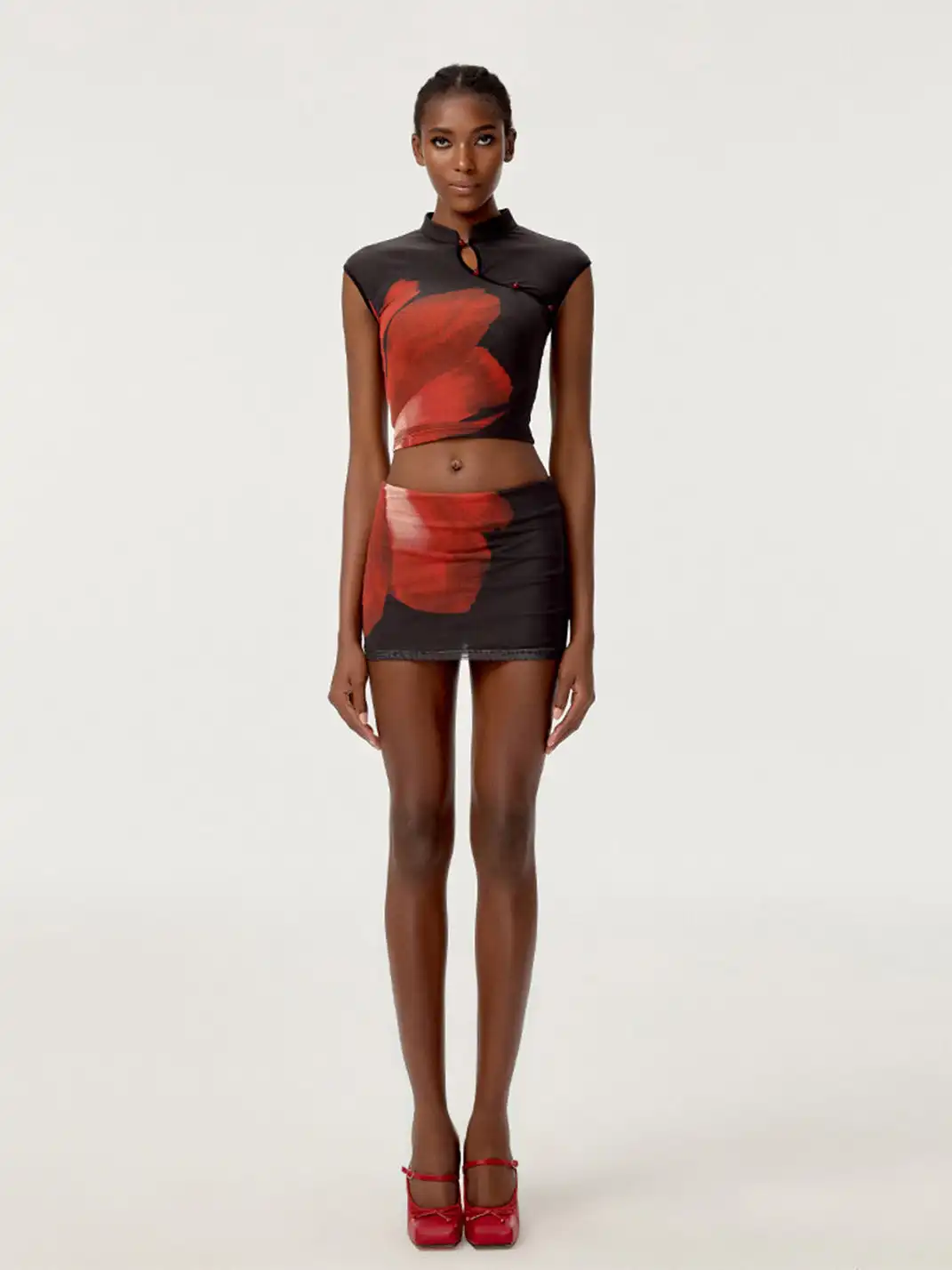 HiimDai | Cheongsam Collar Slim Fit Crop Top & Skort Set