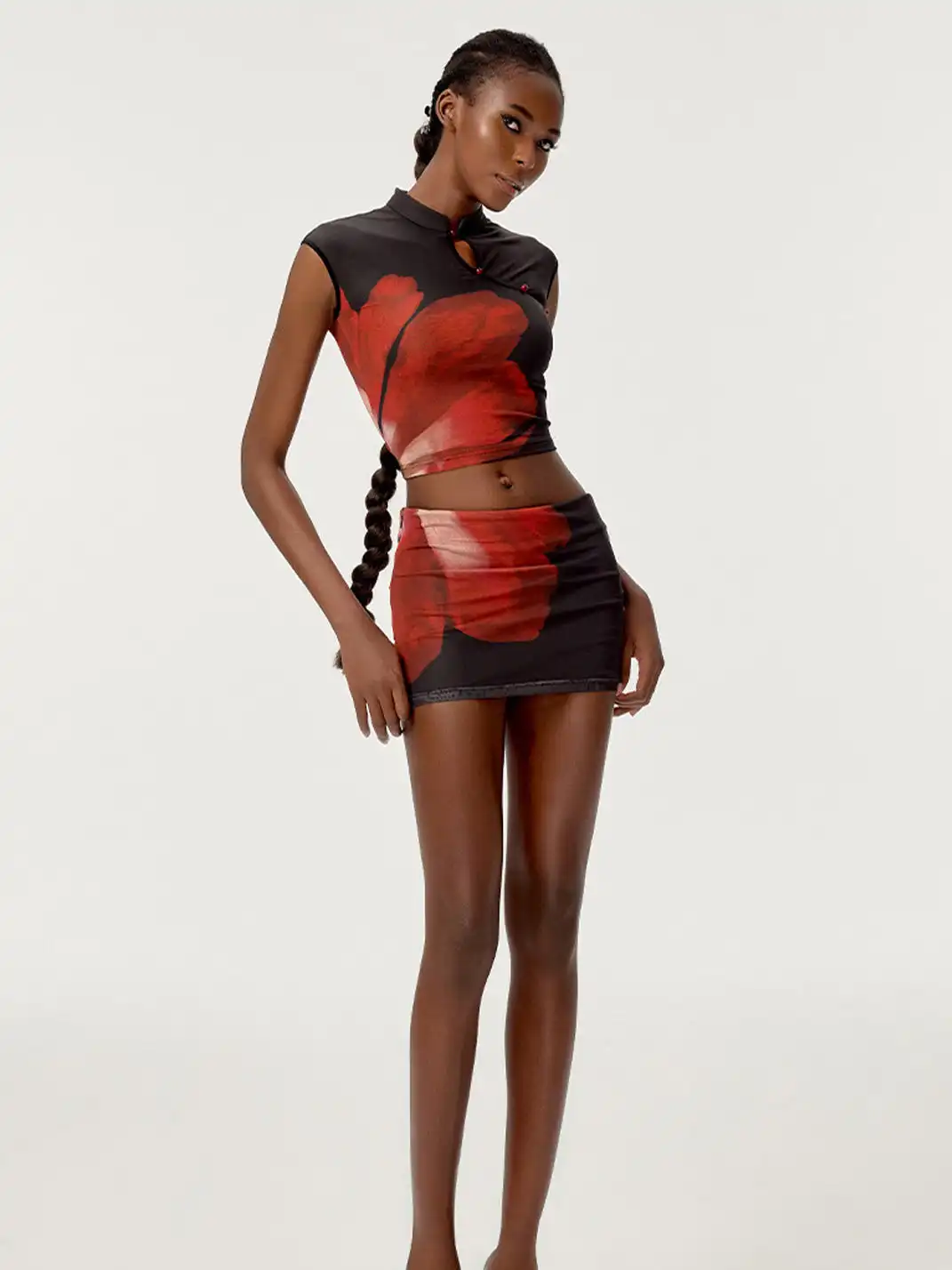HiimDai | Cheongsam Collar Slim Fit Crop Top & Skort Set