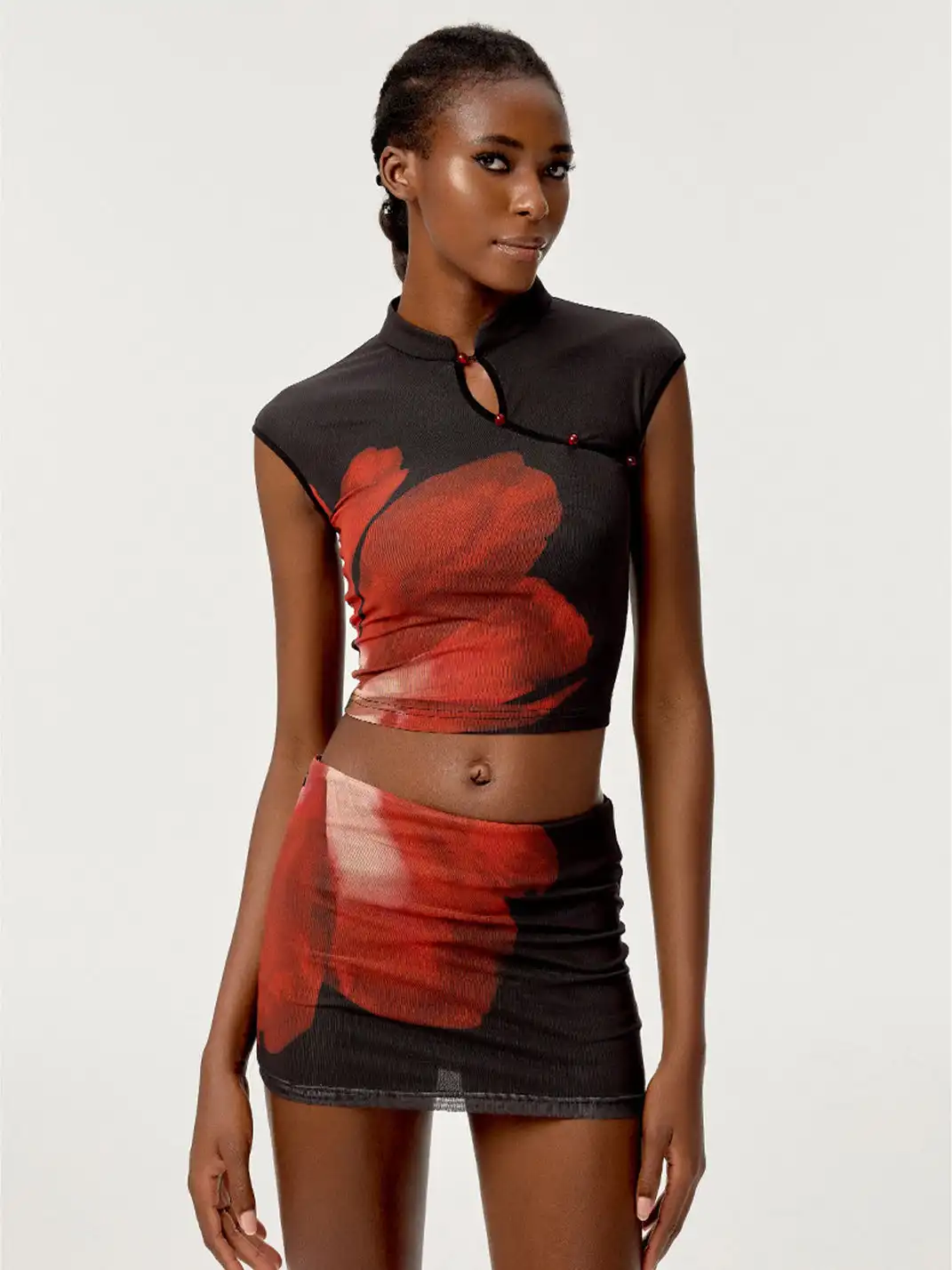 HiimDai | Cheongsam Collar Slim Fit Crop Top & Skort Set