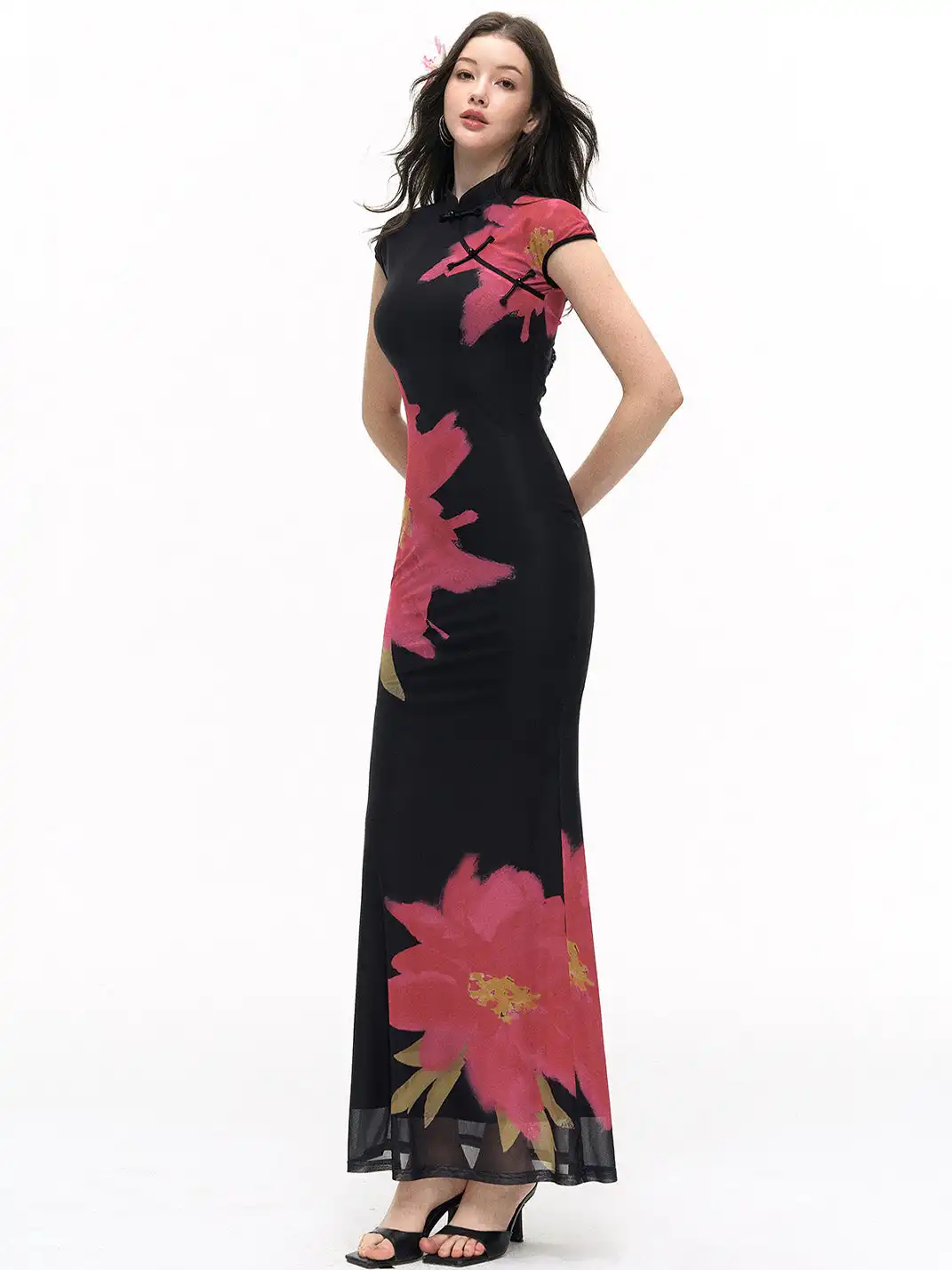 HiimDai | Night Blaze Floral Color Block Cheongsam Dress