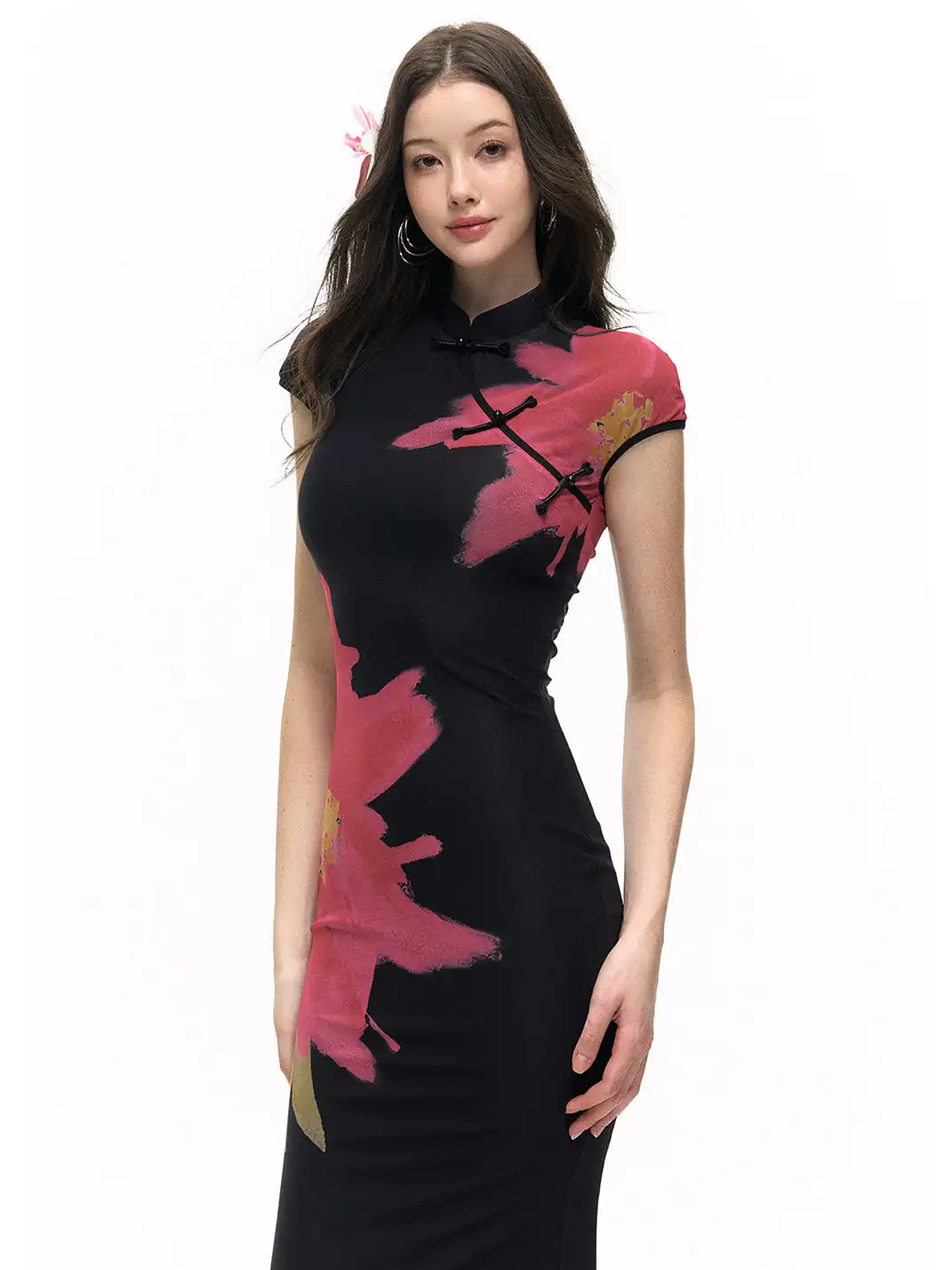HiimDai | Night Blaze Floral Color Block Cheongsam Dress
