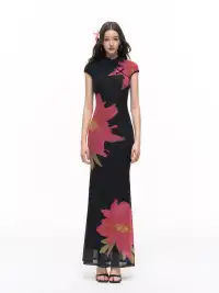 HiimDai | Night Blaze Floral Color Block Cheongsam Dress