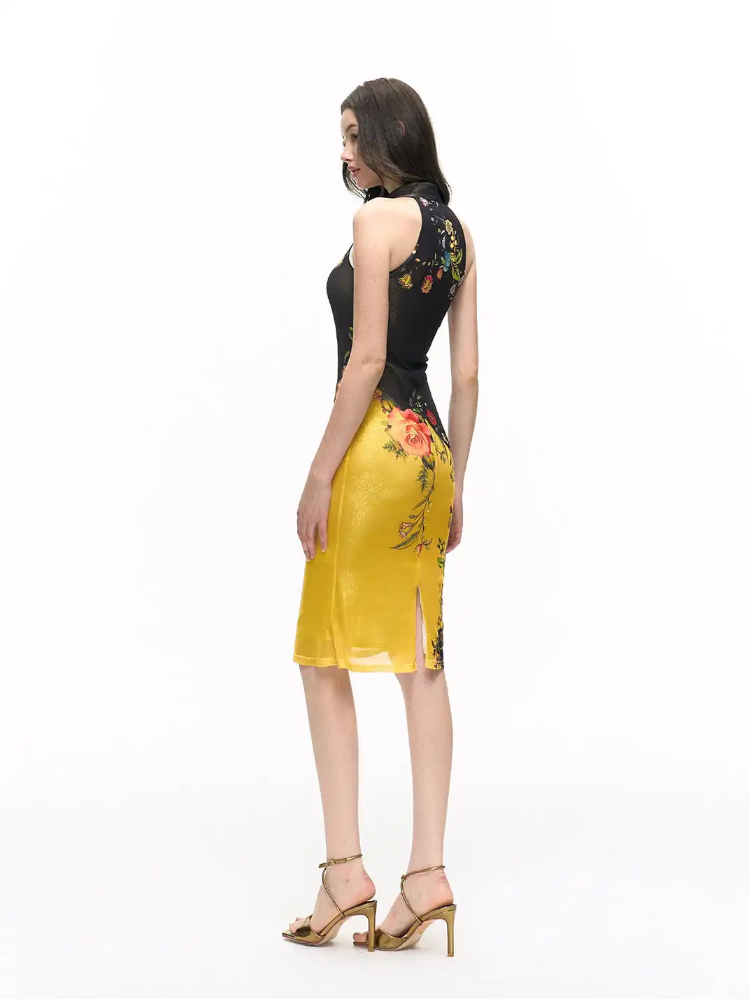 HiimDai | Gold Foil Printed Slim Fit Halter Neck Dress