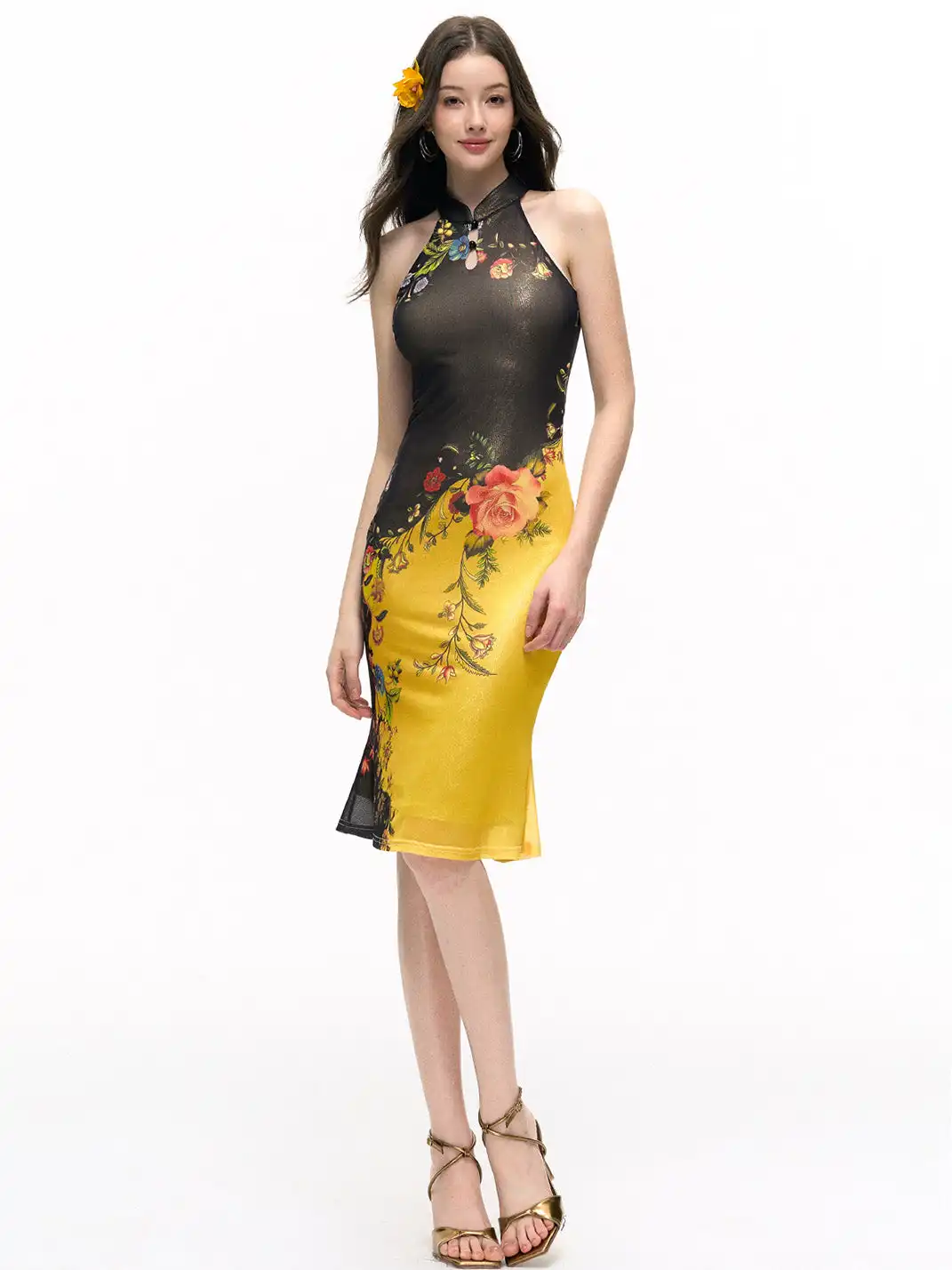 HiimDai | Gold Foil Printed Slim Fit Halter Neck Dress