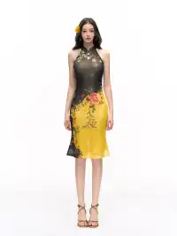 HiimDai | Gold Foil Printed Slim Fit Halter Neck Dress