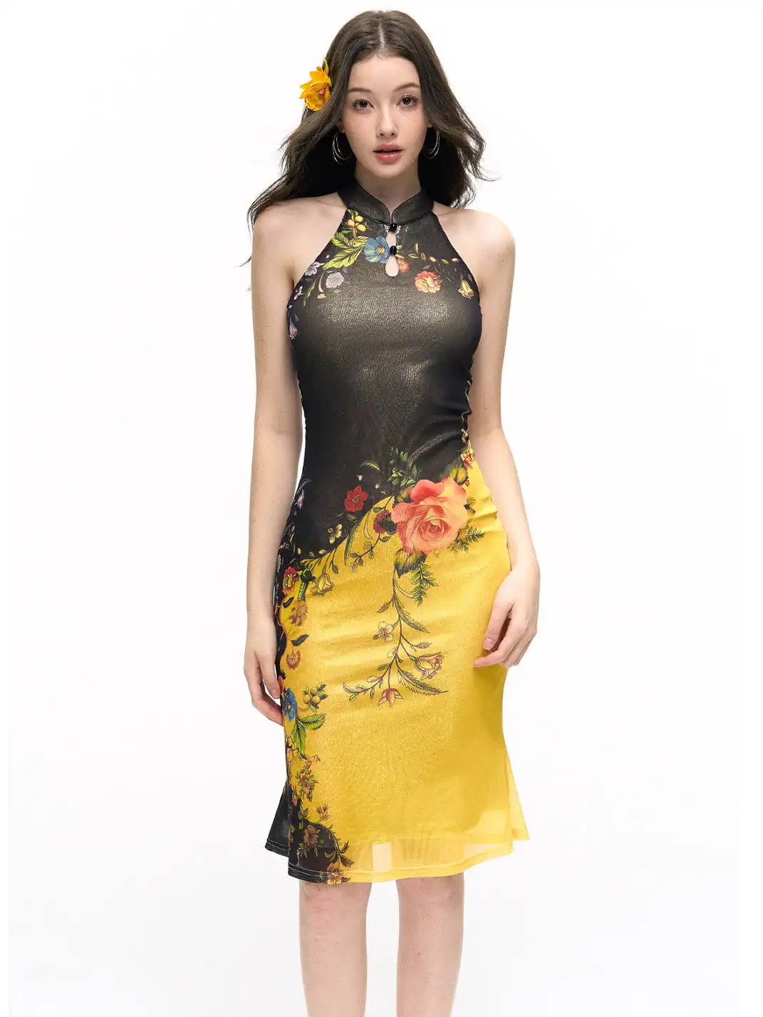 HiimDai | Gold Foil Printed Slim Fit Halter Neck Dress