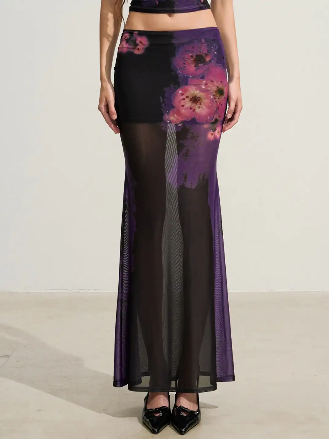 HiimDai | Gradient Purple Floral Stretch Mesh Two Piece Set