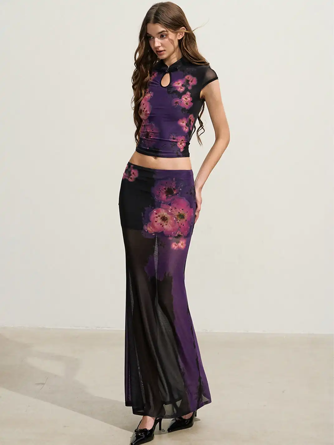 HiimDai | Gradient Purple Floral Stretch Mesh Two Piece Set