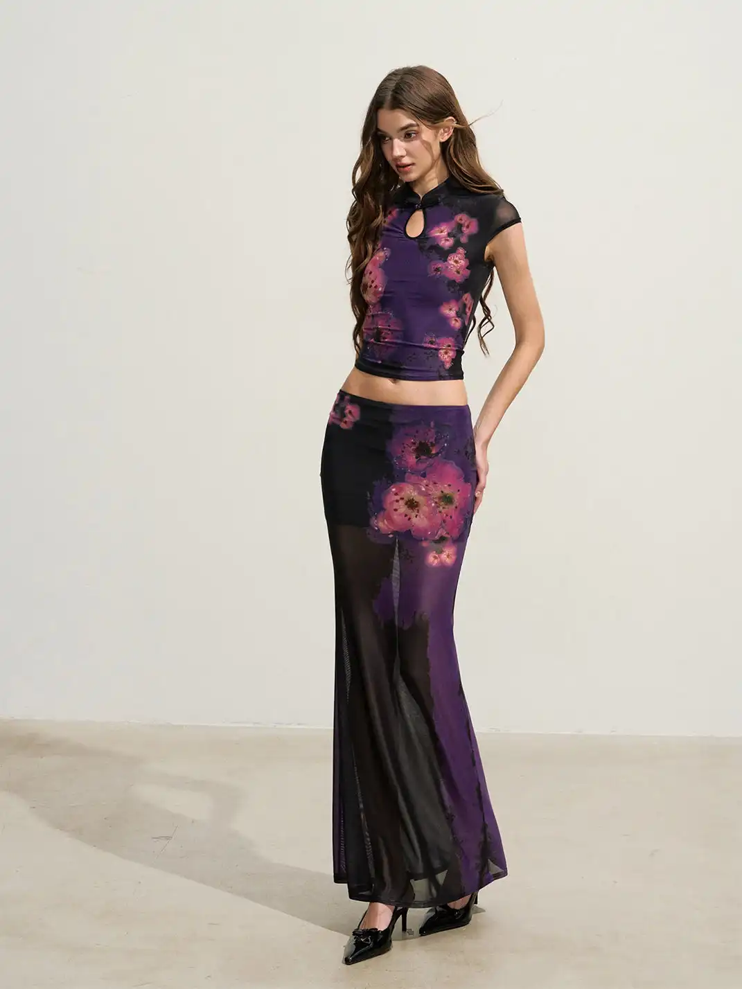 HiimDai | Gradient Purple Floral Stretch Mesh Two Piece Set
