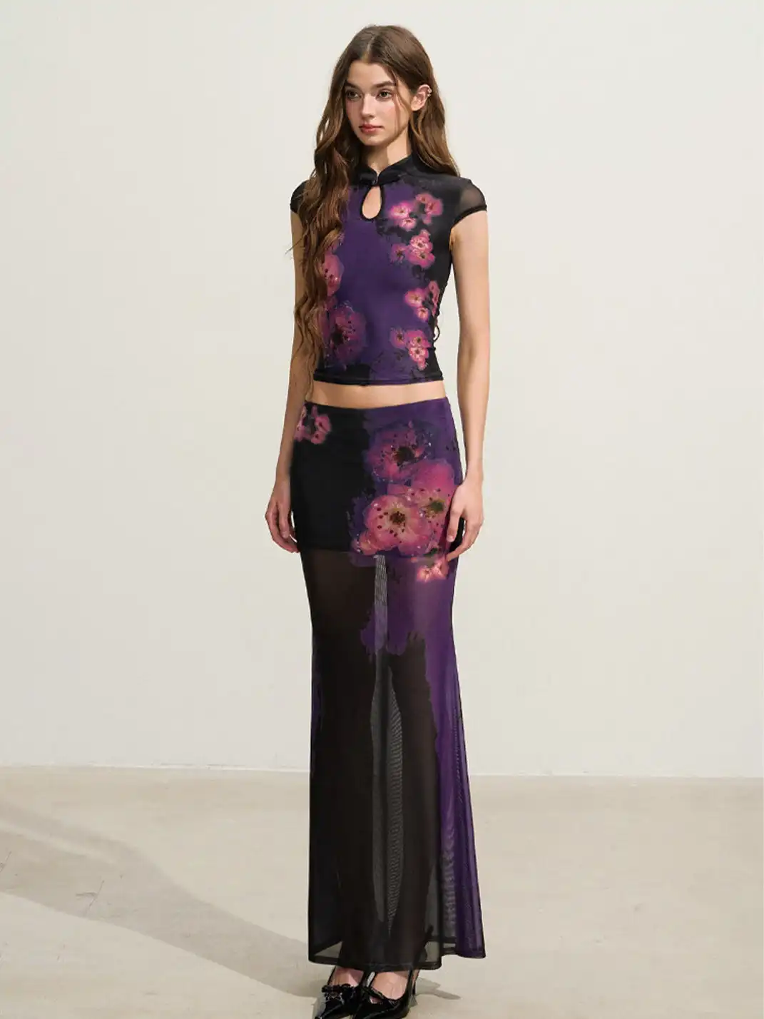 HiimDai | Gradient Purple Floral Stretch Mesh Two Piece Set
