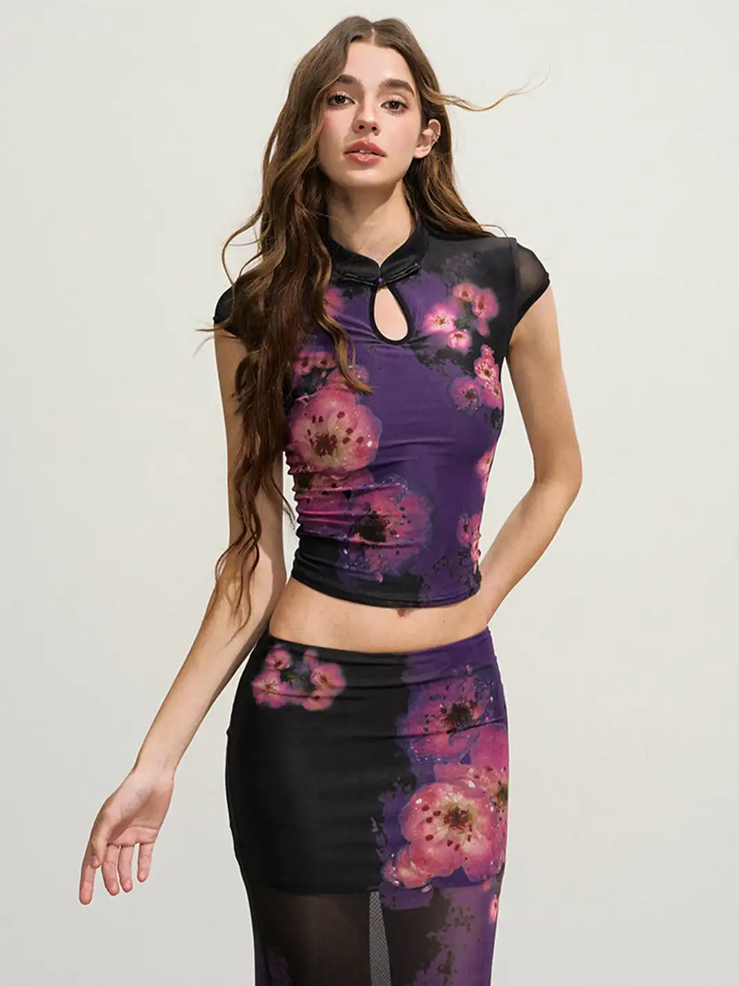 HiimDai | Gradient Purple Floral Stretch Mesh Two Piece Set
