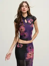 HiimDai | Gradient Purple Floral Stretch Mesh Two Piece Set