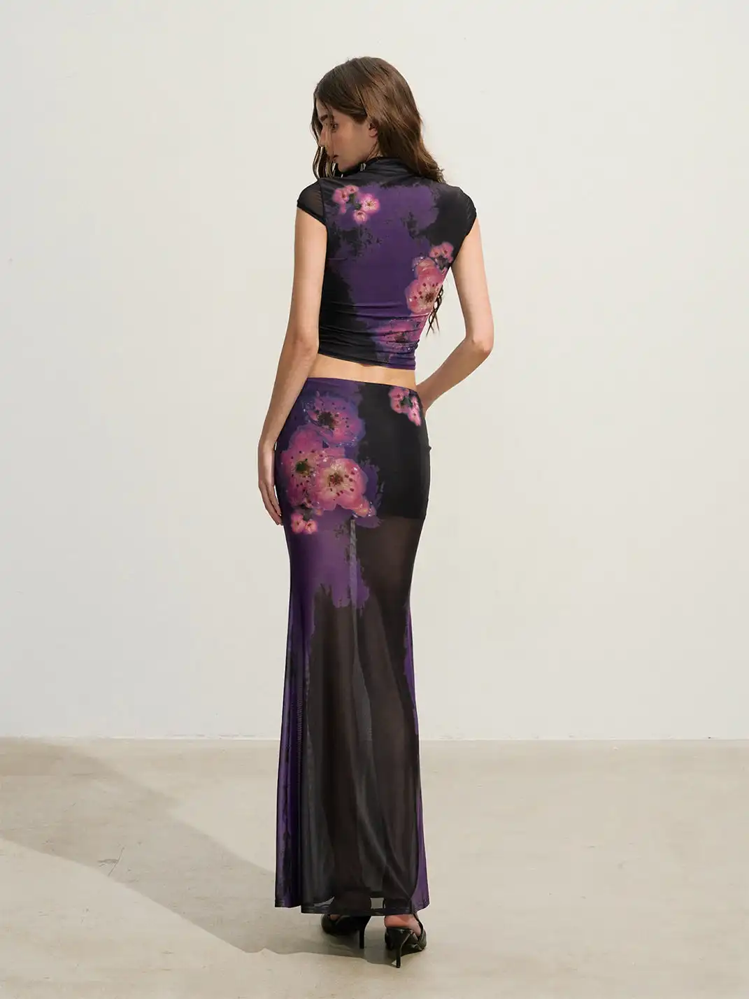 HiimDai | Gradient Purple Floral Stretch Mesh Two Piece Set