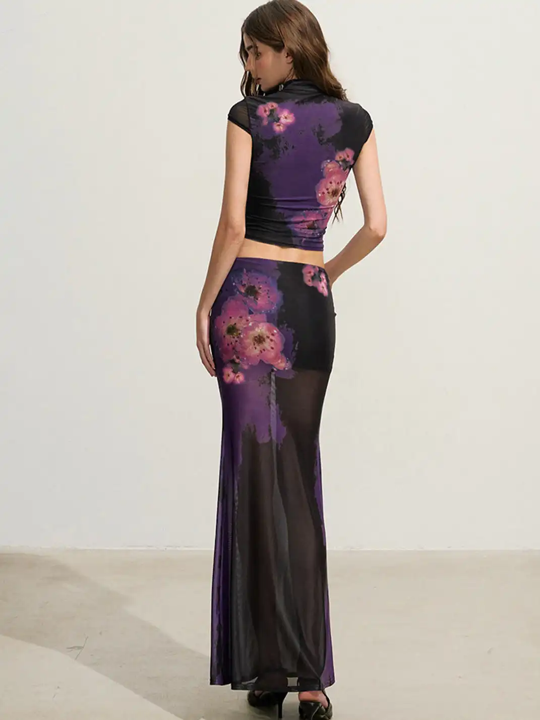 HiimDai | Gradient Purple Floral Stretch Mesh Two Piece Set