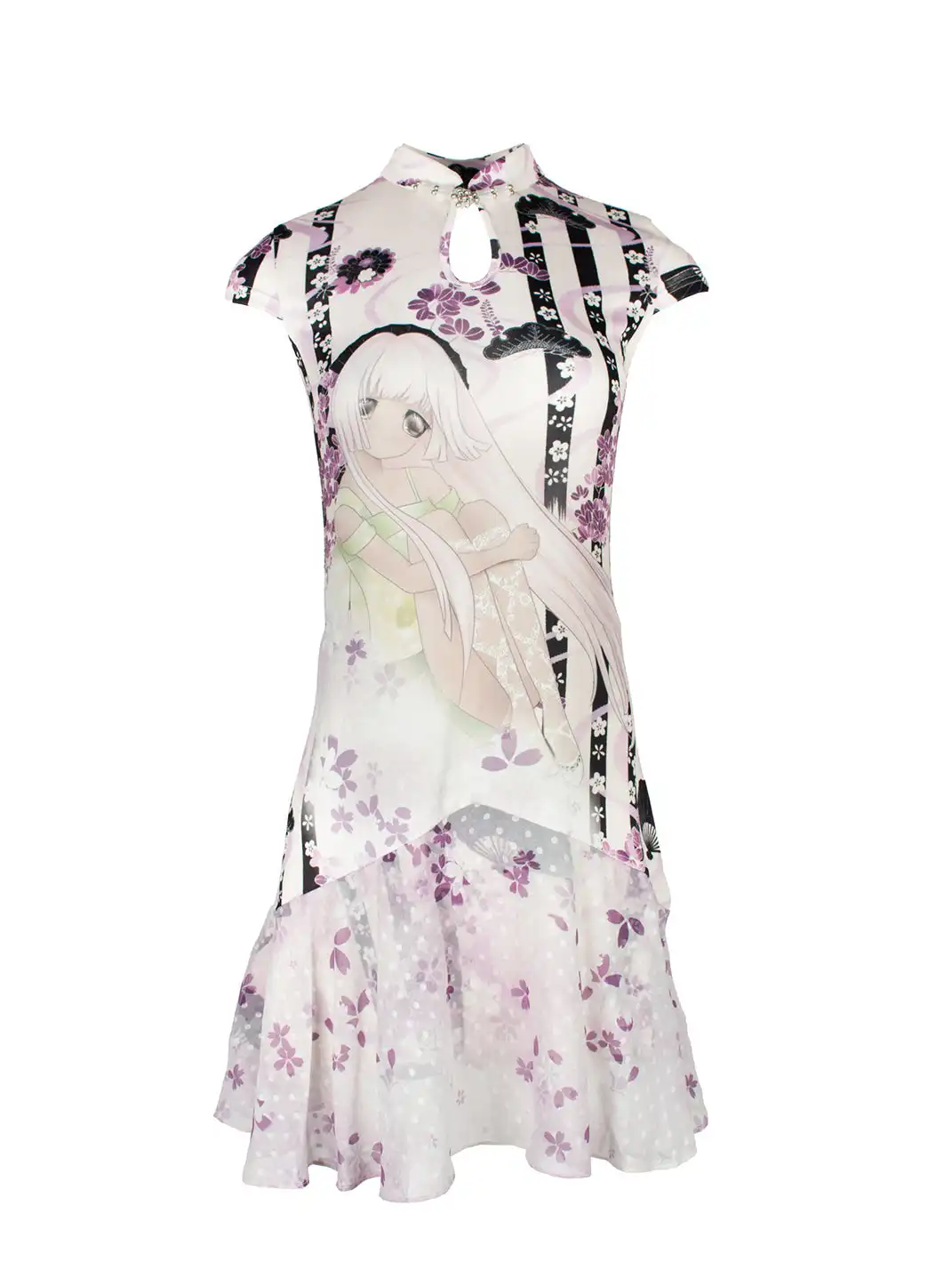 4RE1GN | Girlish Pattern Print Cheongsam Collar Spliced Dress
