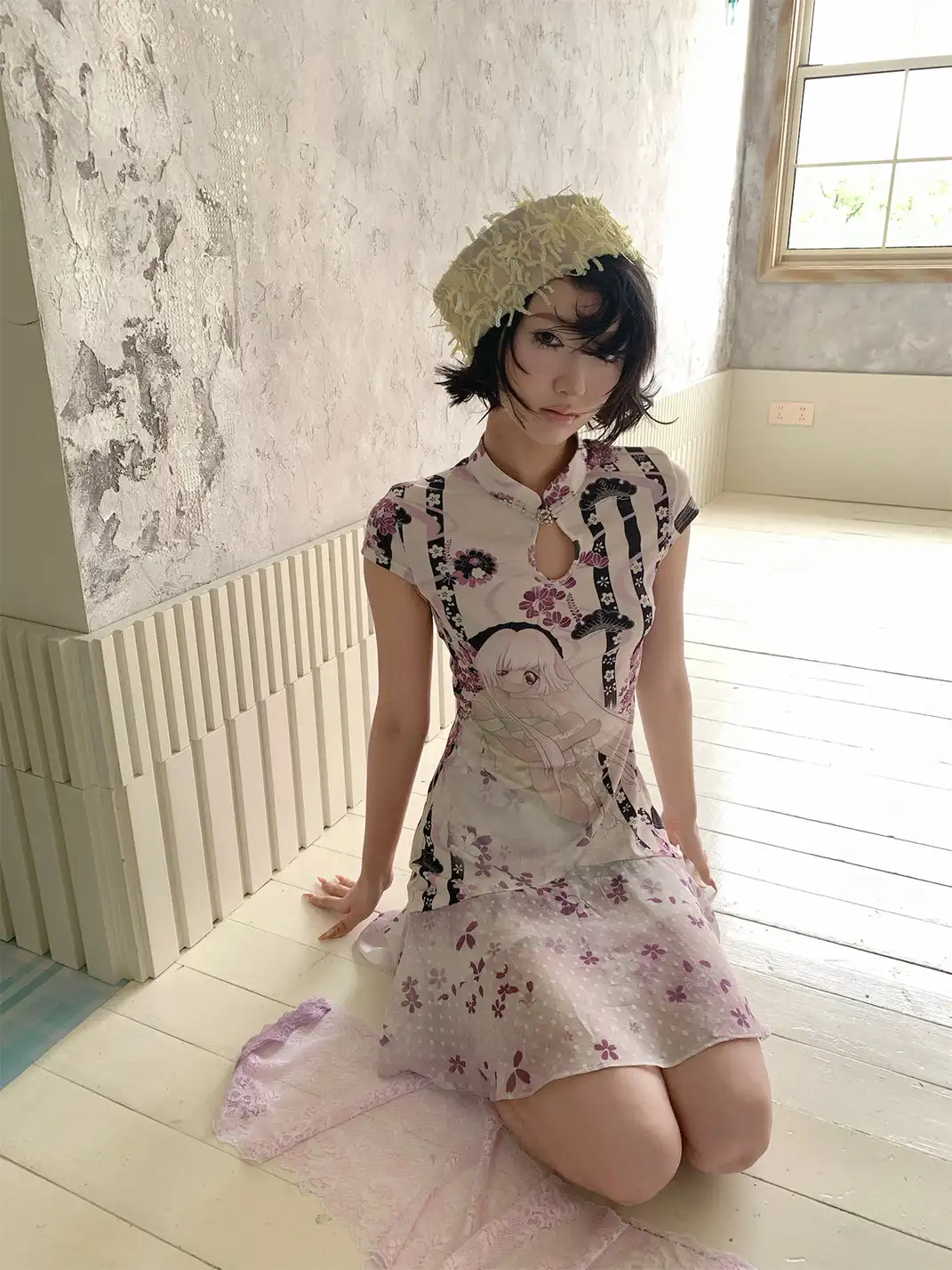 4RE1GN | Girlish Pattern Print Cheongsam Collar Spliced Dress