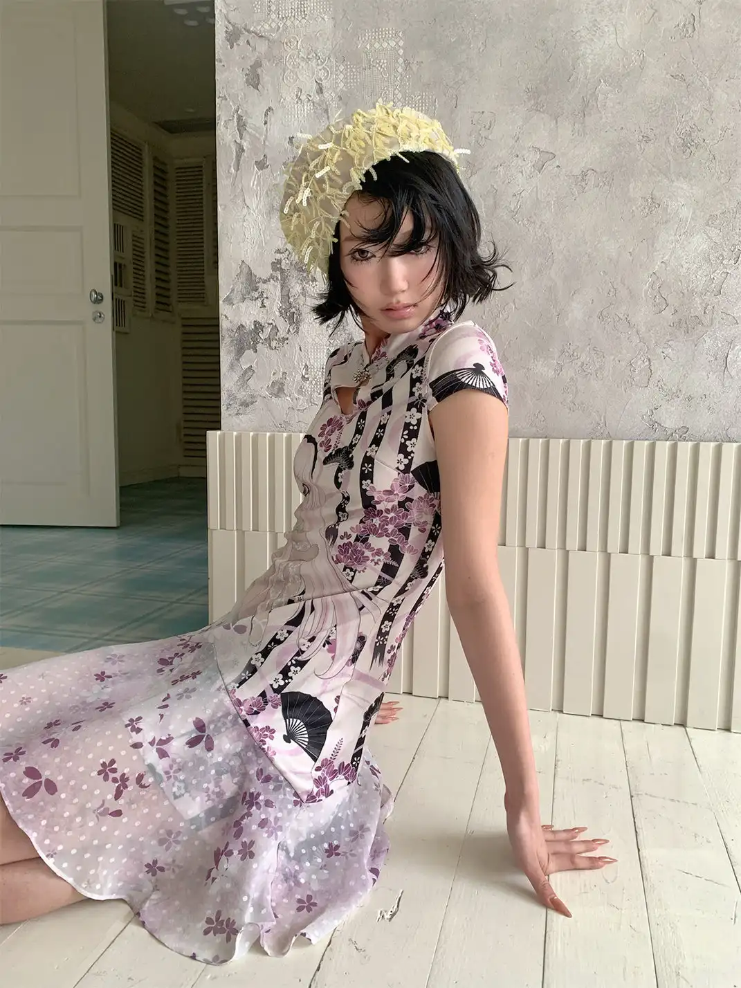 4RE1GN | Girlish Pattern Print Cheongsam Collar Spliced Dress