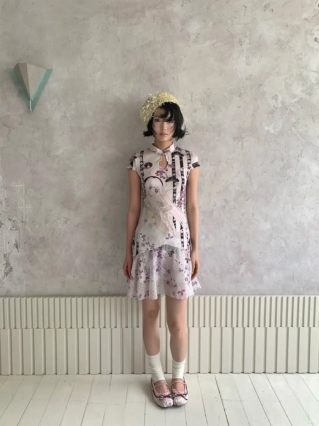 4RE1GN | Girlish Pattern Print Cheongsam Collar Spliced Dress