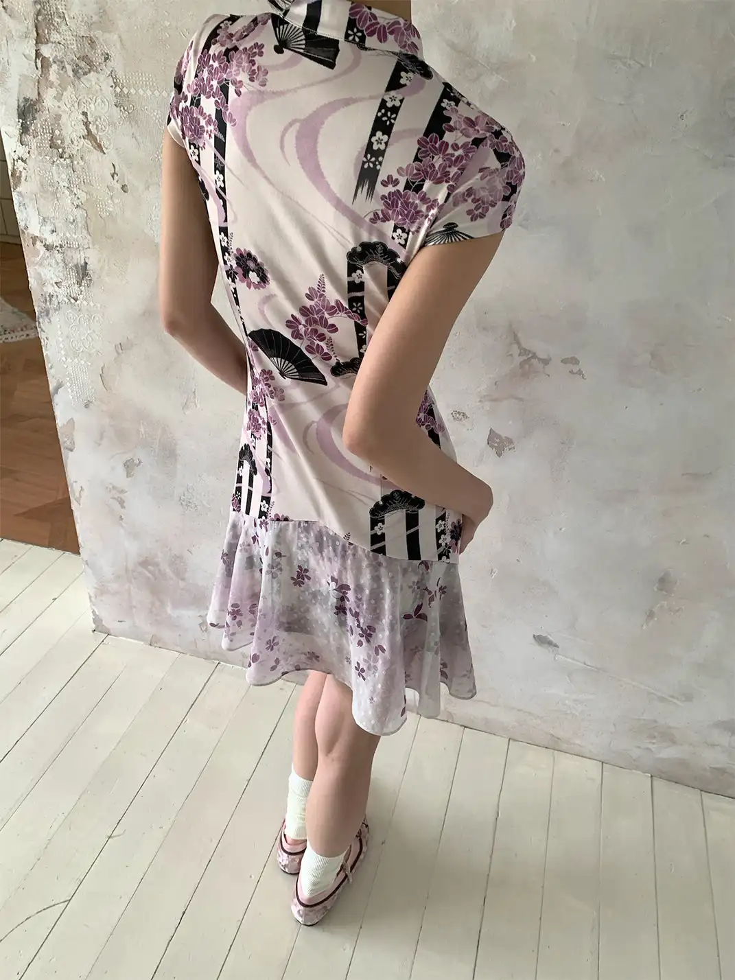 4RE1GN | Girlish Pattern Print Cheongsam Collar Spliced Dress