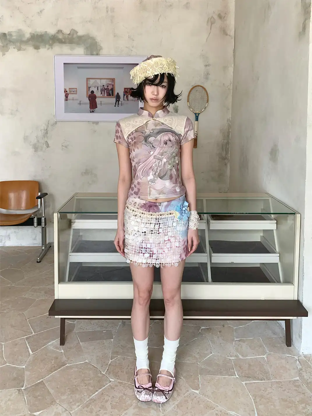 4RE1GN | Lace Spliced Cheongsam Collar T-Shirt
