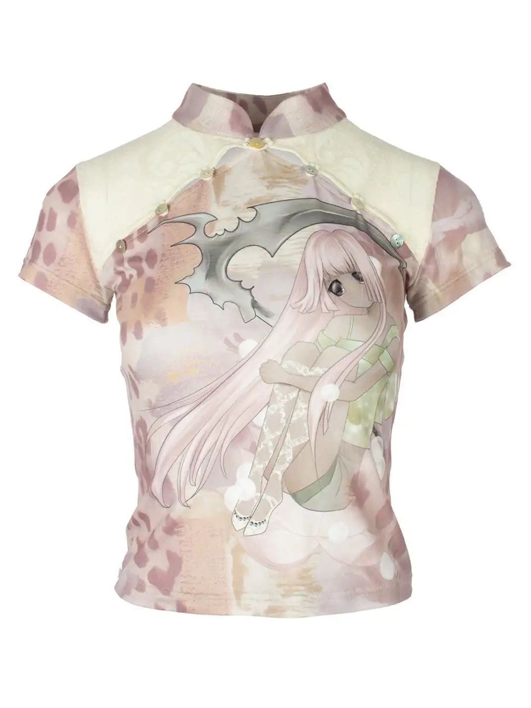 4RE1GN | Lace Spliced Cheongsam Collar T-Shirt