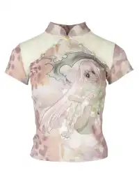 4RE1GN | Lace Spliced Cheongsam Collar T-Shirt