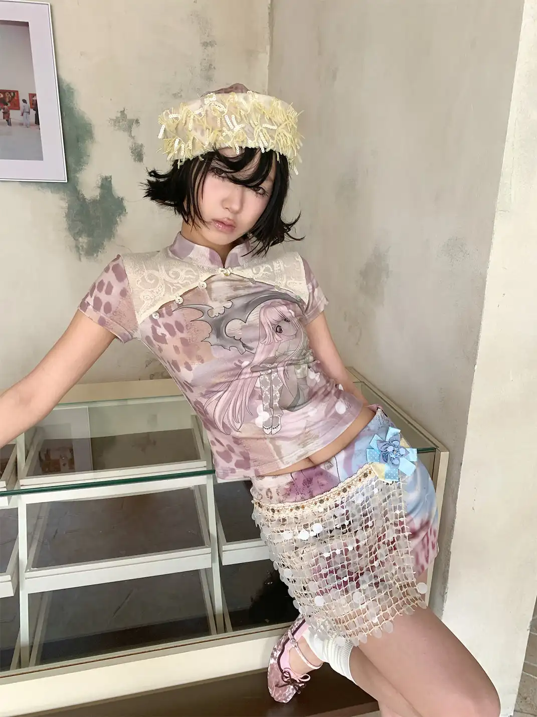 4RE1GN | Lace Spliced Cheongsam Collar T-Shirt