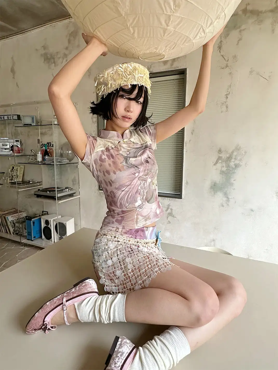 4RE1GN | Lace Spliced Cheongsam Collar T-Shirt