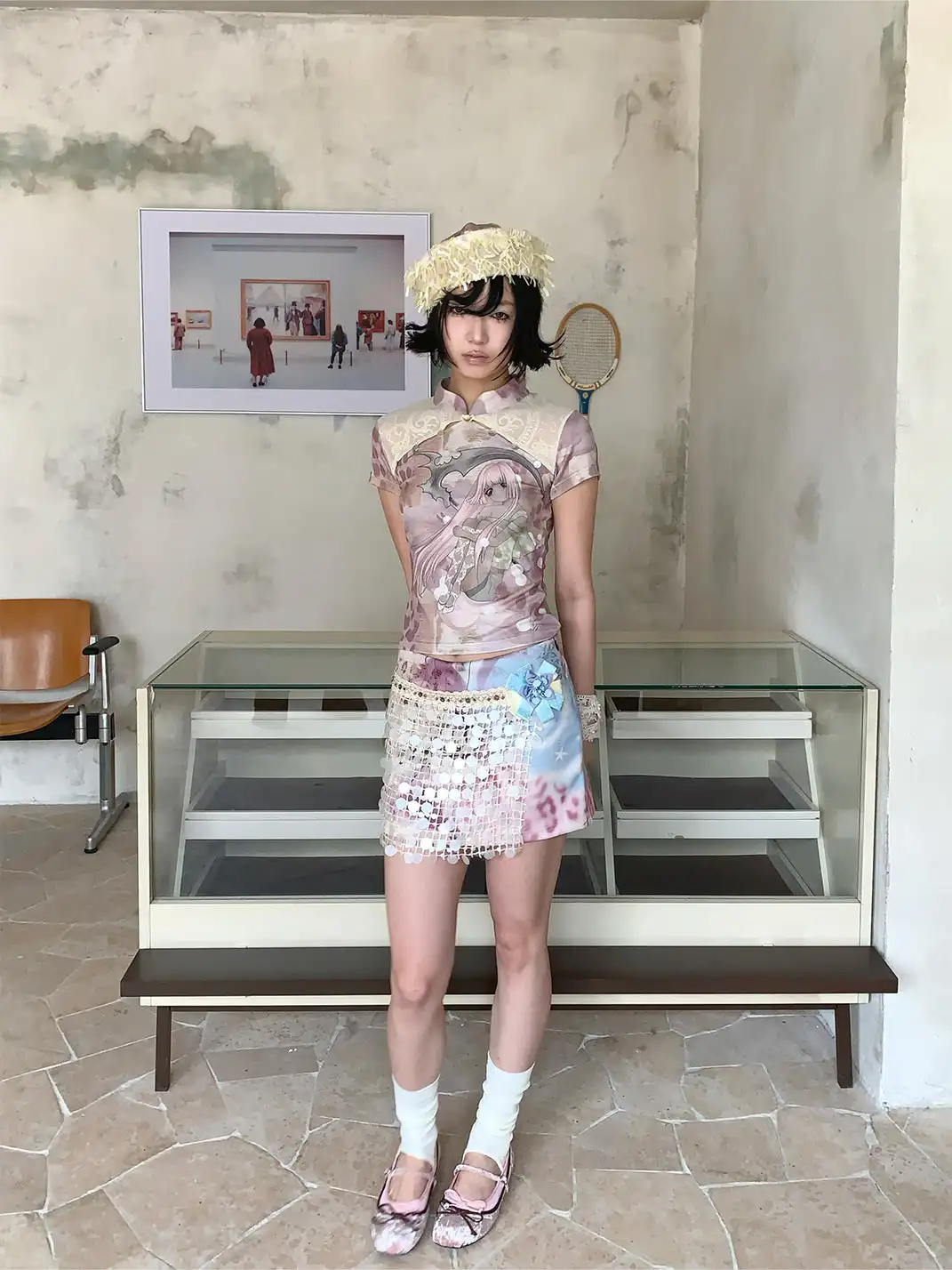 4RE1GN | Lace Spliced Cheongsam Collar T-Shirt
