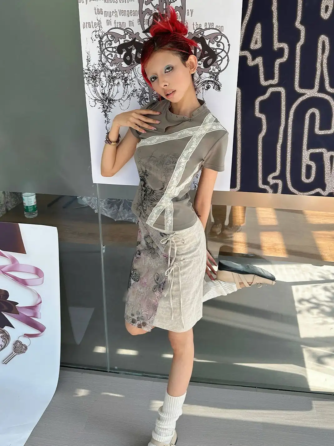4RE1GN | Bandage Cross Wing Print Cheongsam Collar T-Shirt