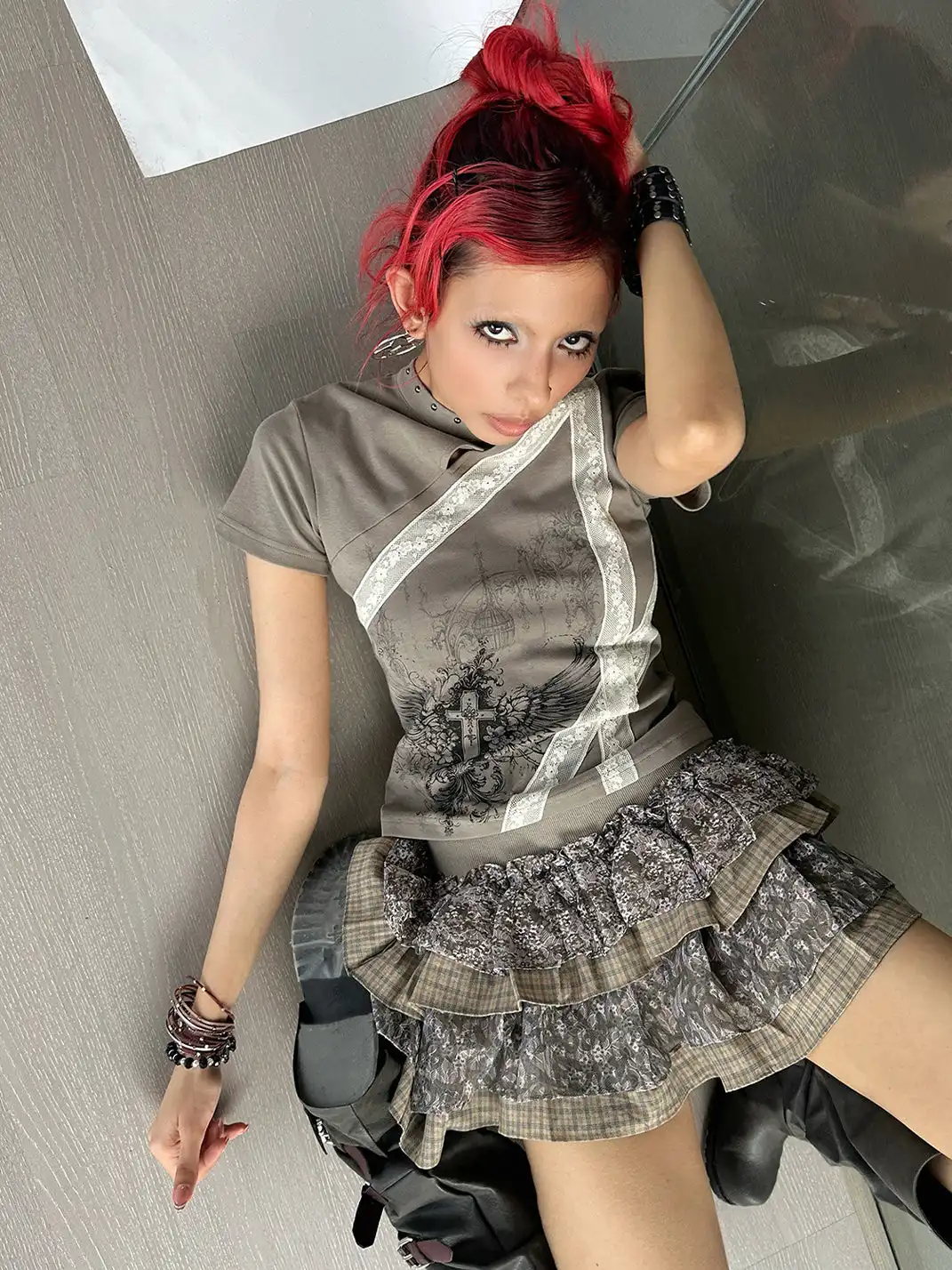 4RE1GN | Bandage Cross Wing Print Cheongsam Collar T-Shirt