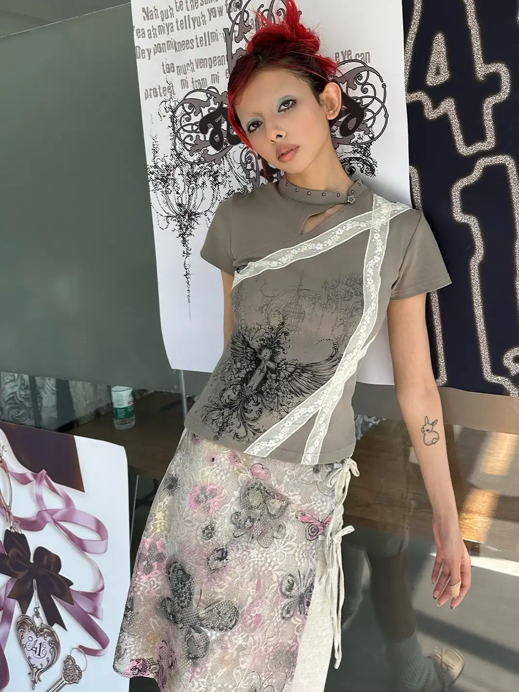 4RE1GN | Bandage Cross Wing Print Cheongsam Collar T-Shirt