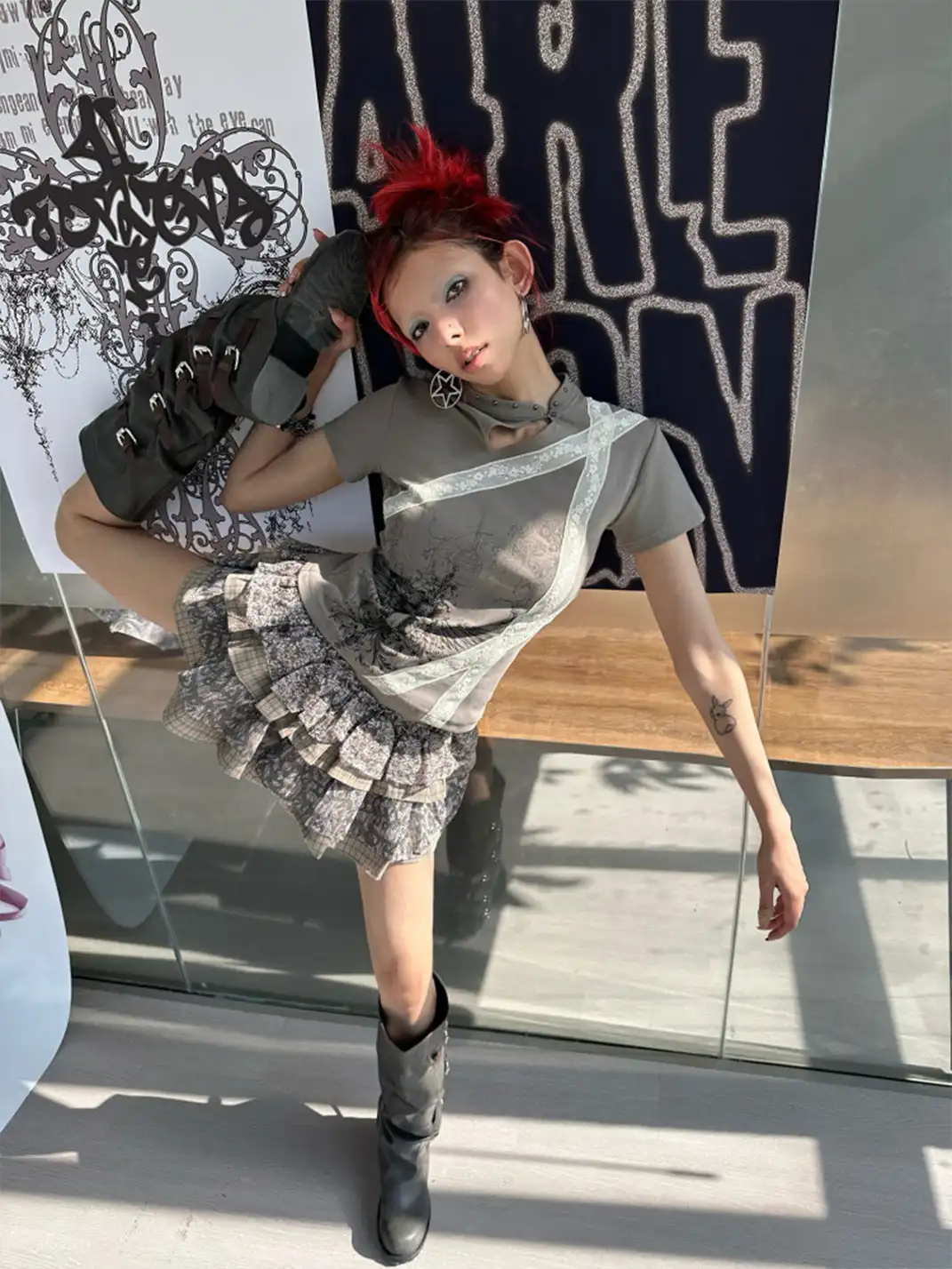 4RE1GN | Bandage Cross Wing Print Cheongsam Collar T-Shirt