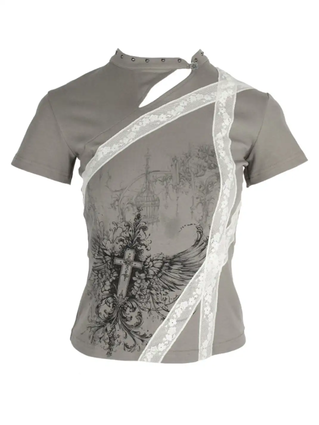 4RE1GN | Bandage Cross Wing Print Cheongsam Collar T-Shirt