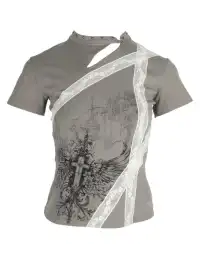 4RE1GN | Bandage Cross Wing Print Cheongsam Collar T-Shirt
