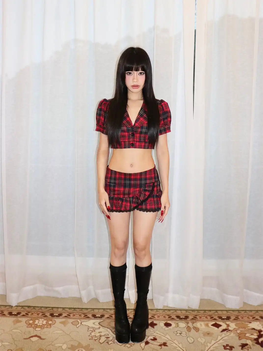 ONNASENSHI | Low Waist Tie Strap Red Plaid Skirt
