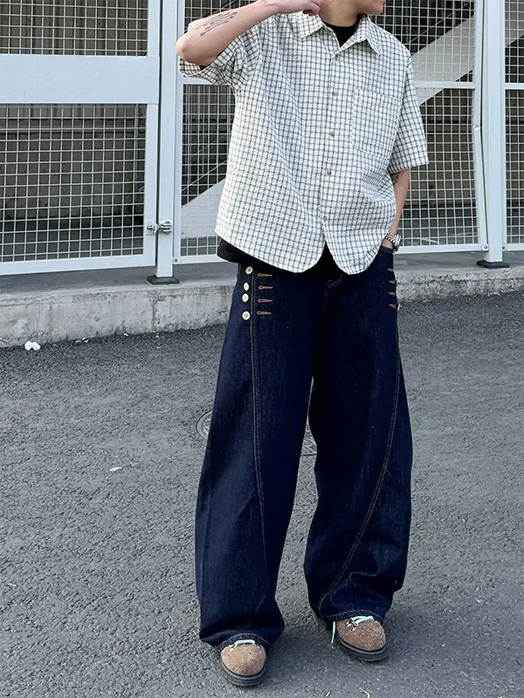 RCMAN | Oversized Short Sleeve Plaid Shirt