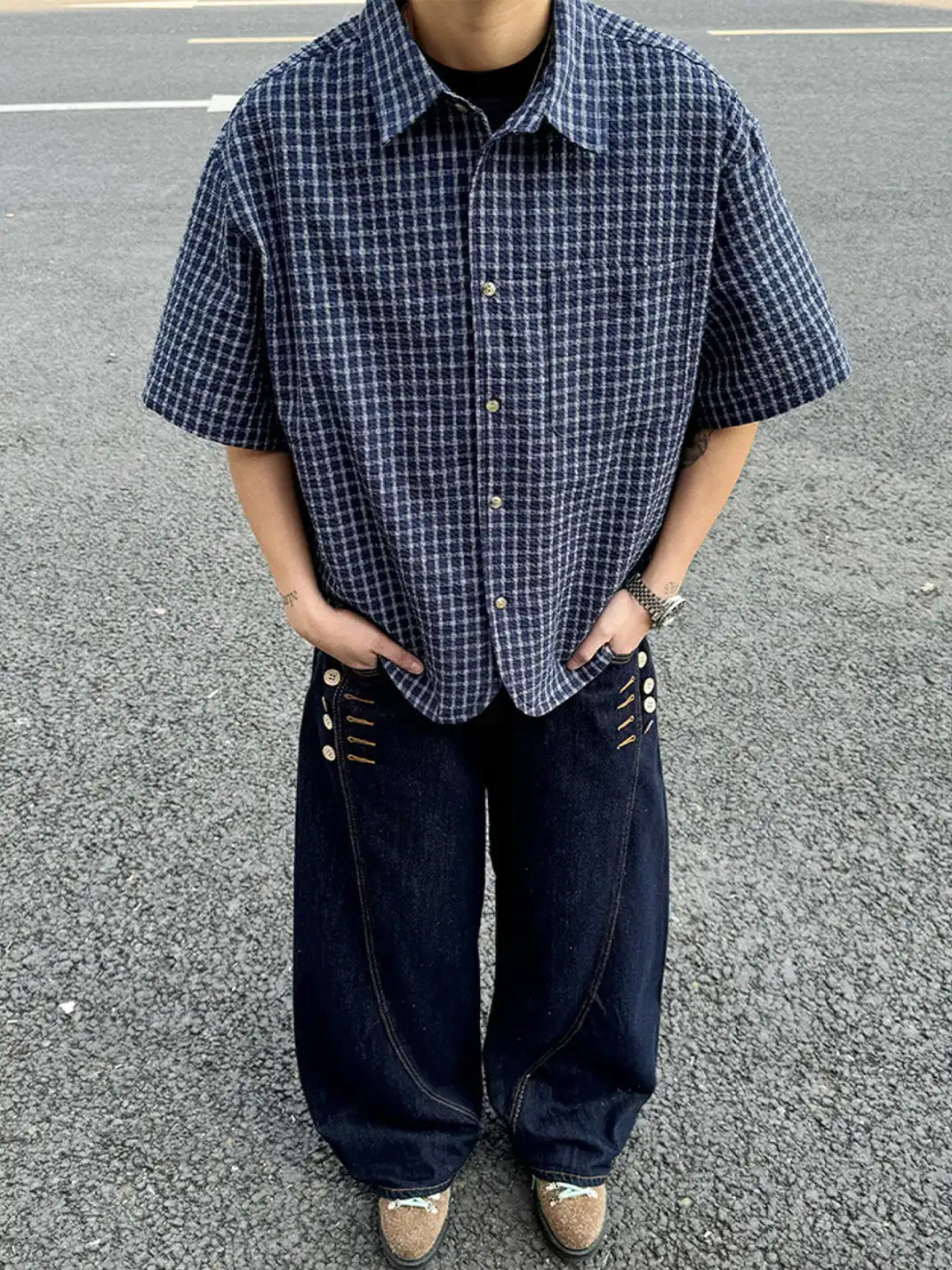 RCMAN | Oversized Short Sleeve Plaid Shirt