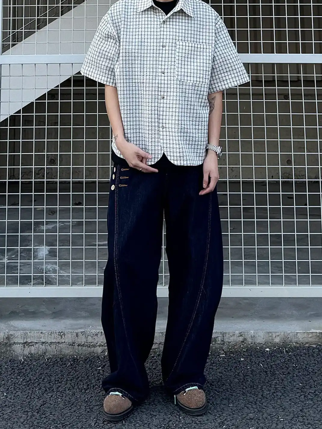 RCMAN | Oversized Short Sleeve Plaid Shirt