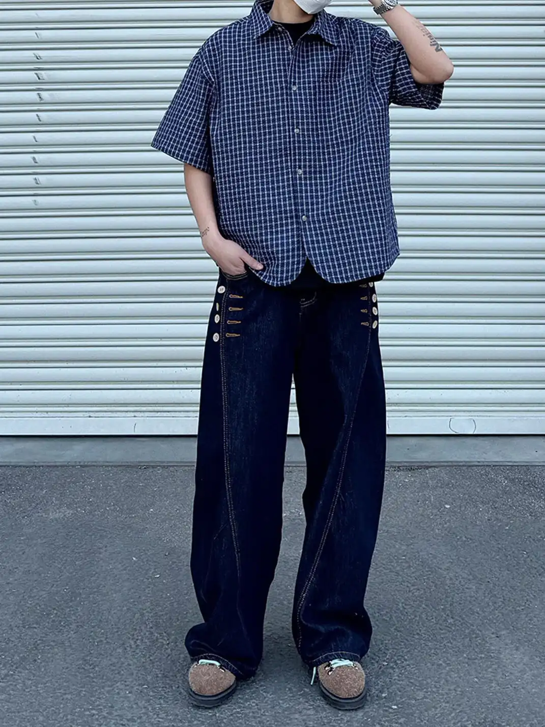 RCMAN | Oversized Short Sleeve Plaid Shirt