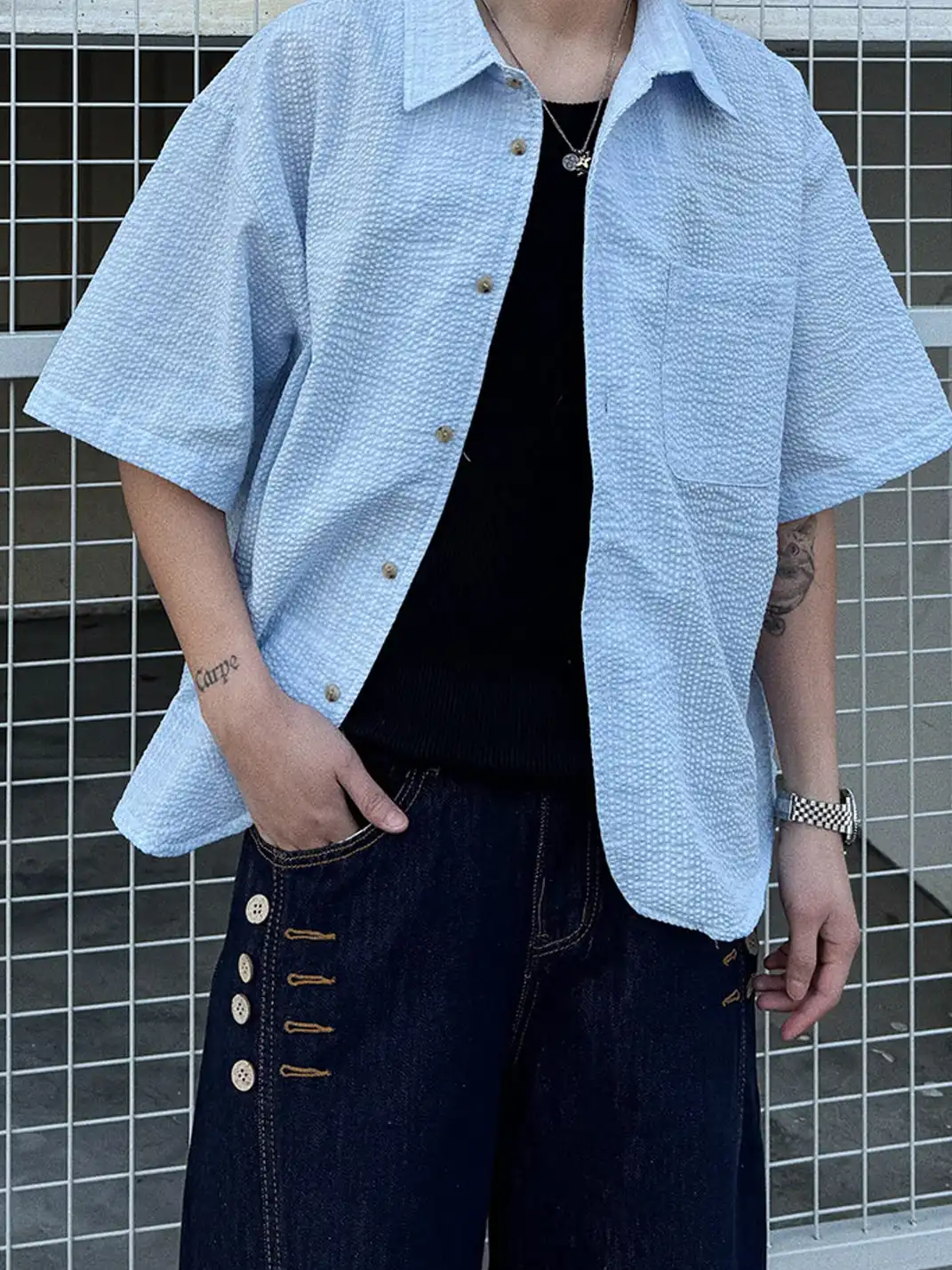 RCMAN | Oversized Short Sleeve Plaid Shirt