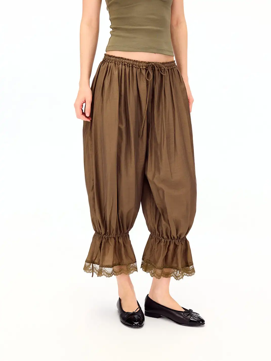 CURRI AND | Lace Hem Drawstring Cropped Balloon Pants