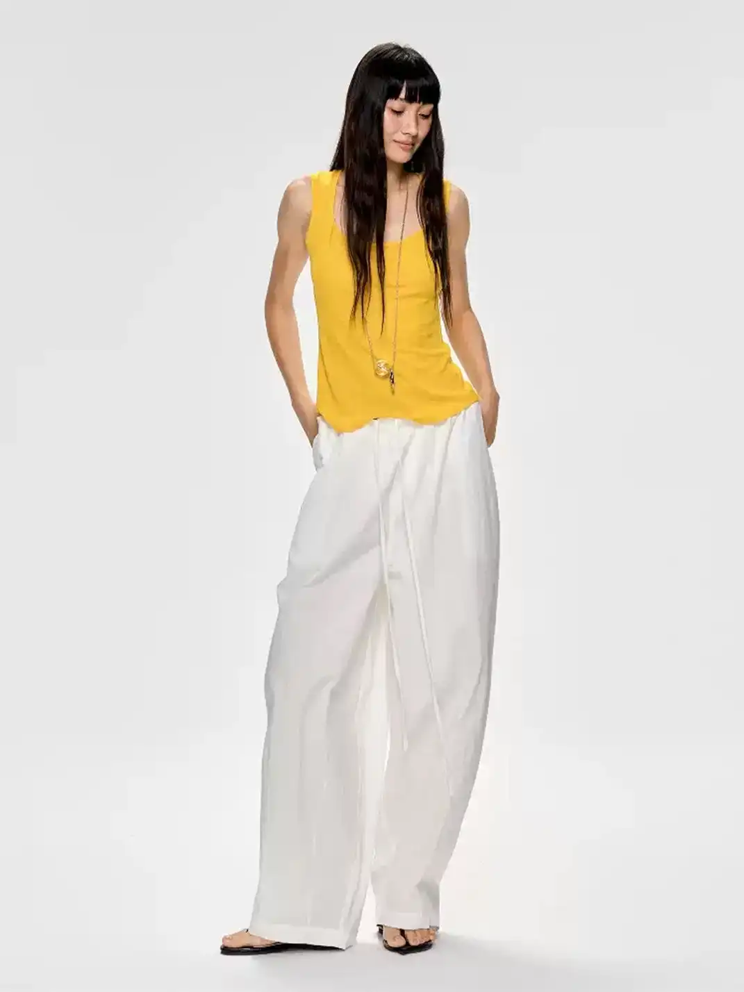 CURRI AND | Slim Waist Gathered Draped Long Pants