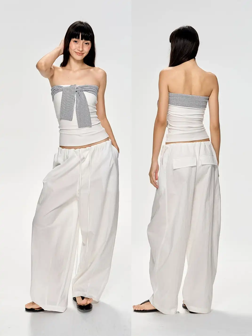 CURRI AND | Slim Waist Gathered Draped Long Pants