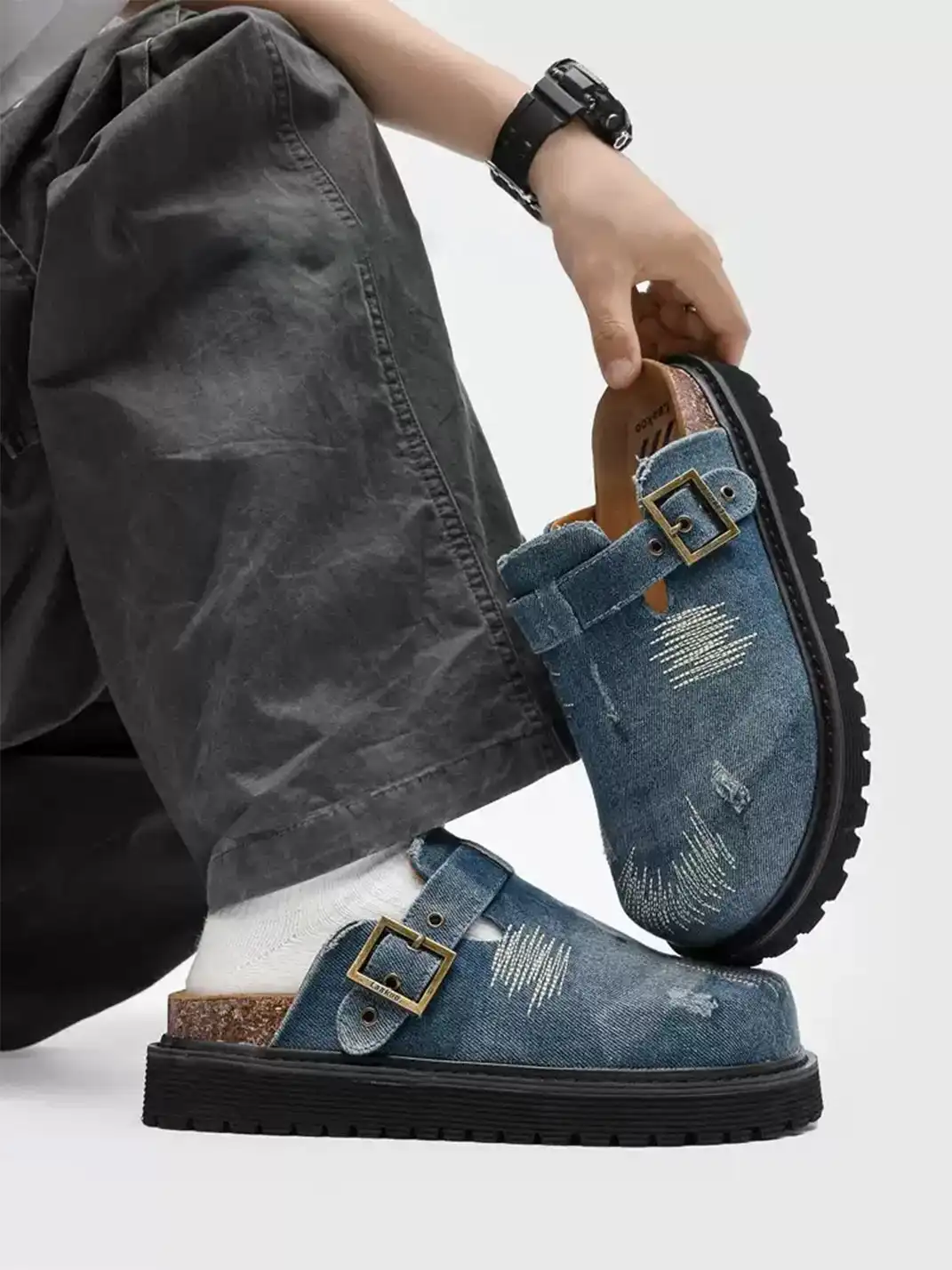 Uenoplanet | Distressed Denim Stitch Detail Buckle Strap Platform Mule Clogs