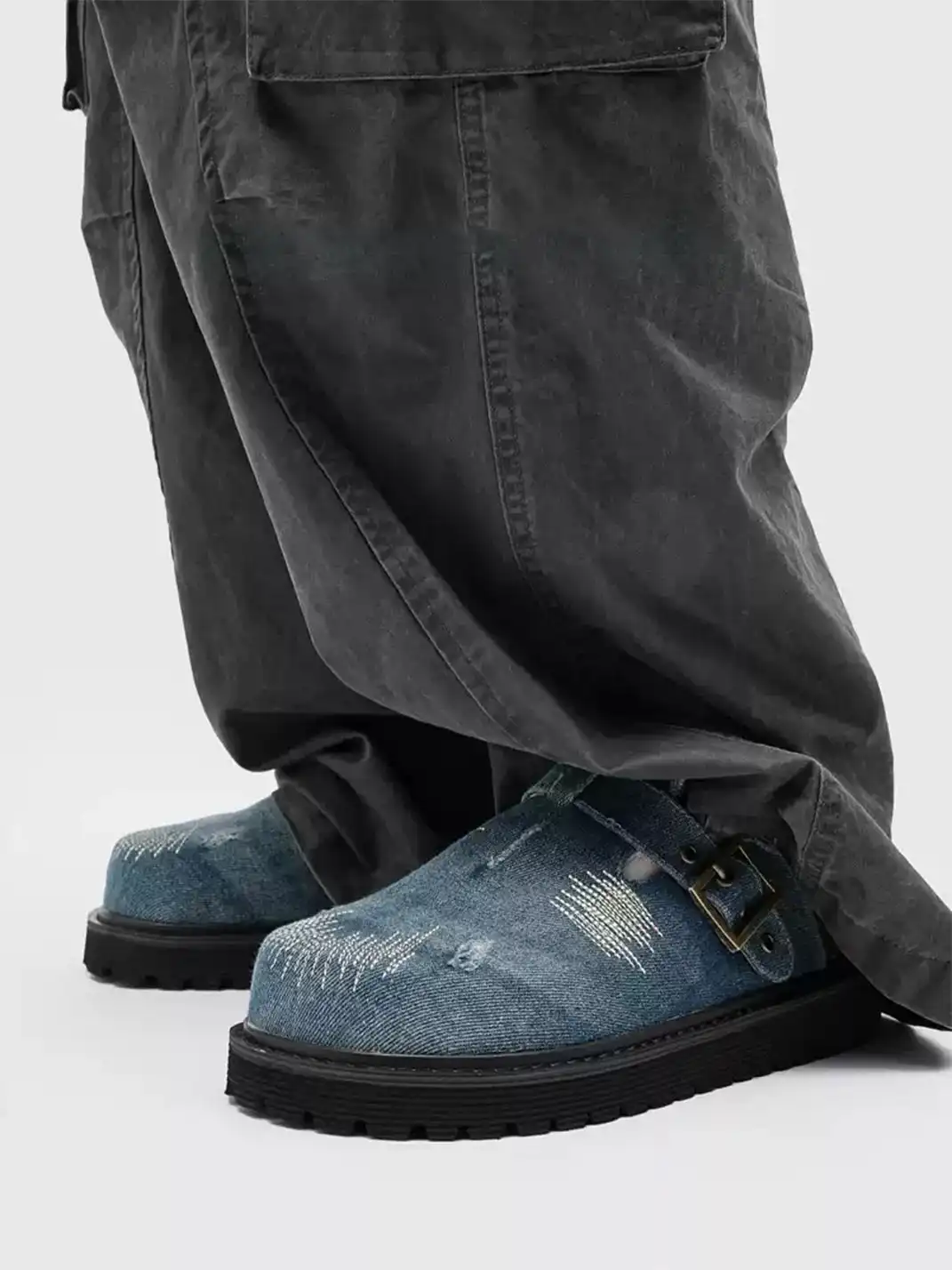 Uenoplanet | Distressed Denim Stitch Detail Buckle Strap Platform Mule Clogs